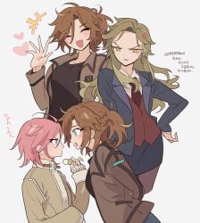  3girls :d anger_vein annoyed bad_id bad_pixiv_id black_shirt blue_eyes blue_jacket breasts brown_hair brown_jacket closed_eyes collared_shirt double_face_(ensemble_stars!) ensemble_stars! eye_contact facing_viewer furrowed_brow gatekeeper_(ensemble_stars!) genderswap genderswap_(mtf) green_hair hair_between_eyes hand_on_own_hip hand_up heart highres jacket korean_text long_hair long_sleeves looking_at_another looking_at_viewer medium_breasts meremero mikejima_madara multiple_girls multiple_views office_lady open_hand open_mouth oukawa_kohaku pencil_skirt pink_hair profile purple_eyes shirt short_hair skirt smile standing translation_request white_background white_shirt yellow_eyes 