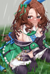  1girl animal_ears bare_shoulders between_legs black_thighhighs blush bow breasts brown_hair buttons closed_mouth commentary_request double-breasted dress ear_bow ear_covers frilled_dress frills garter_straps grass green_bow green_dress highres horse_ears horse_girl king_halo_(umamusume) long_hair looking_at_viewer medium_breasts on_ground outdoors parted_lips petticoat rain sitting solo tabunshake tearing_up thighhighs umamusume wariza wet wet_clothes wet_hair 