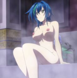 10s 1girl blue_hair breasts female_focus high_school_dxd highres indoors large_breasts nipples nude screencap sitting smile solo water wet xenovia_quarta yellow_eyes rating:Questionable score:83 user:arutos