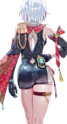  1girl ass black_gloves breasts capelet clenched_hand clothing_cutout epaulettes facing_away from_behind gloves hand_on_own_hip highres honkai:_star_rail honkai_(series) medium_breasts multicolored_hair red_capelet short_hair single_epaulette solo streaked_hair tassel thigh_strap thighs topaz_(honkai:_star_rail) uenoryoma white_hair 