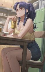 1girl absurdres bare_shoulders beer_can belt blush breasts brown_eyes can chair cleavage closed_mouth collarbone drink_can free_style_(yohan1754) hair_intakes highres indoors katsuragi_misato kitchen large_breasts long_hair looking_at_viewer microwave neon_genesis_evangelion nissin_cup_noodle ponytail purple_hair shorts sitting smile solo table tank_top tsurime yellow_tank_top rating:Sensitive score:144 user:danbooru