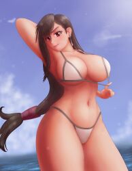  1girl absurdres alternative_body_build armpits beach bikini black_hair bra bra_pull breasts clothes_pull day earrings female_focus final_fantasy final_fantasy_vii final_fantasy_vii_remake game_console hair_ornament highres huge_breasts jewelry looking_at_viewer narrow_waist navel ocean panties pink_lips red_eyes saf-404 safartwoks safartworks solo square_enix swimsuit tagme thighs tifa_lockhart underwear video_game_character white_bra white_panties 
