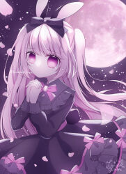  1girl animal_ears black_bow black_dress bow commentary_request dress frilled_dress frills full_moon hair_bow highres himetsuki_luna interlocked_fingers long_hair long_sleeves looking_at_viewer moon original own_hands_clasped own_hands_together petals pink_bow pink_hair puffy_long_sleeves puffy_sleeves purple_eyes rabbit_ears rabbit_girl rabbit_tail signature solo tail tears twitter_username two_side_up very_long_hair 