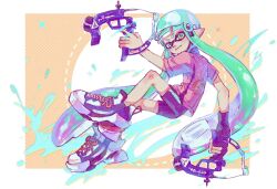  1girl aqua_hair aqua_headwear bike_shorts black_gloves black_shorts chinese_commentary closed_mouth dapple_dualies_(splatoon) full_body gloves green_eyes helmet highres inkling inkling_girl inkling_player_character long_hair nintendo partially_fingerless_gloves pink_shirt pointy_ears shirt shoelaces shoes short_sleeves shorts single_glove single_vertical_stripe solo splatoon_(series) suction_cups tentacle_hair thenintlichen96 very_long_hair 