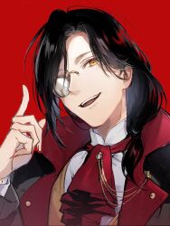  1boy :d ascot black_coat black_hair brown_vest buranran coat curtained_hair hair_over_shoulder hand_up highres index_finger_raised lapels long_sleeves looking_at_viewer low_ponytail male_focus mandarin_collar medium_hair monocle nijisanji notched_lapels one_eye_covered open_mouth red_ascot red_background shellin_burgundy shirt simple_background smile solo swept_bangs teeth upper_body upper_teeth_only vest virtual_youtuber white_shirt yellow_eyes 