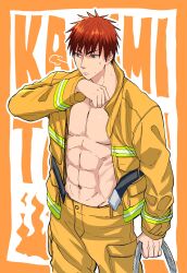  1boy border character_name colorpanther cowboy_shot hair_between_eyes hand_on_own_chin highres holding jacket kagami_taiga kuroko_no_basuke light_frown male_focus muscular muscular_male navel open_clothes open_jacket orange_border outline pants pectoral_cleavage pectorals red_hair solo spiked_hair sweatdrop white_background white_outline yellow_jacket yellow_pants 
