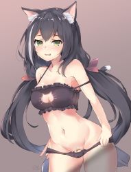 1girl absurdres animal_ear_fluff animal_ears bad_id bad_pixiv_id black_bra black_hair black_panties blush bow bra breasts cat_cutout cat_ear_panties cat_ears cat_lingerie cat_tail cleavage_cutout clothing_cutout collarbone fang female_pubic_hair frilled_bra frills furrowed_brow green_eyes groin hair_bow highres karyl_(princess_connect!) large_breasts long_hair looking_at_viewer low_twintails medium_breasts meme_attire mushpz navel panties panty_pull parted_lips princess_connect! pubic_hair signature solo strap_slip tail twintails underwear underwear_only undressing very_long_hair rating:Questionable score:34 user:danbooru
