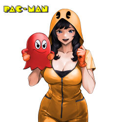 1girl :d black_hair blinky_(pac-man) blue_eyes breasts character_hood cleavage collarbone copyright_name gloves hand_puppet highres hood hood_up jumpsuit large_breasts long_hair looking_at_viewer minamoto80486 open_mouth orange_gloves pac-man pac-man_(game) puppet ringed_eyes simple_background smile solo swept_bangs teeth upper_teeth_only white_background yellow_jumpsuit 