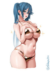  1girl artist_name bare_shoulders bikini blue_eyes blue_hair blush breasts collarbone cropped_legs ebifurya fang gold_bikini groin hair_between_eyes hands_on_own_chest hands_up highres isuzu_(kancolle) kantai_collection long_hair looking_at_viewer navel one-hour_drawing_challenge open_mouth sidelocks simple_background skindentation solo sparkle strap_gap swimsuit thighs twintails twitter_username underboob very_long_hair white_background 