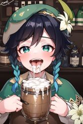 1boy ai-assisted artist_request blush cum cum_in_container cum_in_mouth cum_on_tongue cup drinking gokkun flower_hair_ornament genshin_impact gokkun green_eyes hair_ornament highres looking_at_viewer mug smile solo solo_focus trap venti_(genshin_impact)  rating:Explicit score:310 user:Cookiette1