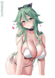  1girl artist_name bare_arms bare_legs bare_shoulders bikini black_choker blue_eyes blush breasts choker cleavage collarbone cowboy_shot cropped_arms cropped_legs ebifurya green_hair groin hair_between_eyes hair_ornament hair_ribbon hairclip heart highres kantai_collection large_breasts long_hair looking_at_viewer navel one-hour_drawing_challenge open_mouth ponytail ribbon side-tie_bikini_bottom sidelocks simple_background solo stomach swimsuit thighs twitter_username white_background white_bikini yamakaze_(kancolle) 