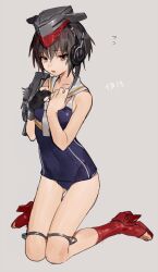  1girl black_gloves black_hair blue_one-piece_swimsuit brown_eyes flying_sweatdrops full_body gloves grey_background hair_between_eyes hands_on_own_chest headgear headphones i-13_(kancolle) kantai_collection kneeling looking_at_viewer neckerchief one-piece_swimsuit partially_fingerless_gloves red_footwear rigging rudder_footwear sailor_collar short_hair simple_background single_glove solo sugimoto_(niboshiumai) swimsuit toeless_footwear white_neckerchief white_sailor_collar 
