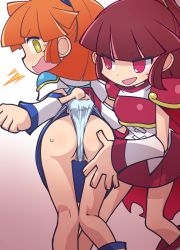  2girls ^^^ absurdres arle_nadja armor armored_dress ass blue_panties blue_skirt bullying butt_crack cape clothes_lift clothes_pull doppelganger doppelganger_arle embarrassed female_pubic_hair from_behind hand_on_ass highres knees_together_feet_apart lifting_another&#039;s_clothes loli multiple_girls ogihara_mach orange_hair panties panty_lift panty_pull panty_tug prank pubic_hair puyopuyo red_eyes red_hair red_skirt shoulder_armor simple_background skirt skirt_lift underwear wedgie yuri  rating:Explicit score:171 user:777user