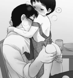  2boys age_difference apron ass ass_grab blush bottomless father_and_son glasses incest male_focus monochrome multiple_boys naked_apron shibacco shota yaoi  rating:Explicit score:198 user:Iker