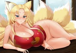  1girl absurdres animal_ears bare_shoulders blonde_hair blue_eyes blush bottomless breasts cleavage collarbone curvy embarrassed fox_ears fox_girl fox_tail highres huge_breasts long_hair lying mokachu multiple_tails no_pussy on_floor on_side shoulderless shoulderless_shirt solo tail thighs wide_hips  rating:Sensitive score:31 user:Xander
