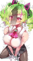 1boy 1girl :o ahoge alternate_breast_size animal_ears bare_arms bare_shoulders blush breasts breasts_squeezed_together cat_ears covered_erect_nipples delutaya drill_hair female_masturbation female_orgasm green_hair heart heart-shaped_pupils highres indie_virtual_youtuber kneeling large_breasts masturbation multicolored_hair orgasm pantyhose penis_awe penis_shadow purple_hair red_eyes skirt squatting streaked_hair symbol-shaped_pupils twitching virtual_youtuber rating:Explicit score:134 user:paleglass