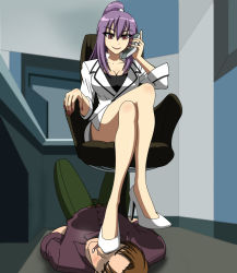  1boy 1girl blush breasts brown_hair business_suit chair cleavage crossed_legs donkotsu femdom formal hair_between_eyes high_heels jewelry large_breasts long_hair nail_polish office office_chair office_lady original phone ponytail purple_hair red_eyes red_nails ring shirt short_hair stepped_on suit swivel_chair talking_on_phone white_high_heels white_shirt  rating:Sensitive score:29 user:topshagger