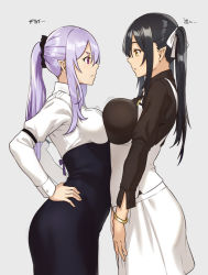 &gt;:( 2girls arched_back asymmetrical_docking bangle black_hair black_shirt blue_skirt bouncing_breasts bracelet breast_contest breast_envy breast_press breasts closed_mouth collared_shirt commentary cowboy_shot elf elf_(houtengeki) eye_contact from_side frown grey_background hair_ribbon hand_on_own_hip high-waist_skirt houtengeki jewelry large_breasts light_purple_hair long_sleeves looking_at_another medium_breasts multiple_girls original pink_eyes pink_hair pointy_ears ponytail profile purple_hair ribbon shirt sidelocks simple_background skirt standing translated twintails v-shaped_eyebrows v_arms white_ribbon white_shirt white_skirt wing_collar yellow_eyes rating:Sensitive score:106 user:danbooru