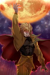  1boy abs absurdres arm_up blonde_hair cape commentary_request dio_brando evil_smile full_moon glowing glowing_eyes headband heart highres jacket jojo_no_kimyou_na_bouken male_focus moon mugicha_(zoro1132) muscular muscular_male red_eyes sky smile solo star_(sky) stardust_crusaders stardust_crusaders_(ova) starry_sky yellow_cape yellow_jacket  rating:General score:2 user:danbooru
