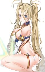 1girl :t ass bad_id bad_pixiv_id bare_shoulders barefoot bikini blonde_hair blue_eyes blush bradamante_(fate) bradamante_(third_ascension)_(fate) breast_hold breasts cleavage detached_collar elbow_gloves fate/grand_order fate_(series) feet_out_of_frame from_side gloves hair_between_eyes highres large_breasts long_hair looking_at_viewer looking_to_the_side messy_hair pout simple_background sitting solo swimsuit twintails v-shaped_eyebrows very_long_hair wariza white_background wing_collar yuuko_(030_yuko) rating:Sensitive score:15 user:danbooru