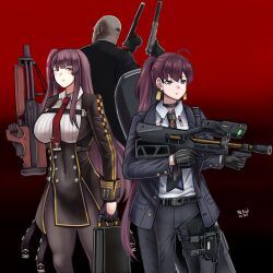  1boy 2girls absurdres agent_47 amt_hardballer bald bullpup crossover dated dolla_(nikke) dual_wielding earrings formal girls&#039;_frontline goddess_of_victory:_nikke gradient_background gun handgun highres hitman_(game) holding holding_gun holding_weapon holy_light jewelry multiple_girls one_side_up pant_suit pants pantyhose ponytail rifle science_fiction signature sniper_rifle suit suppressor trait_connection trigger_discipline wa2000_(girls&#039;_frontline) walther walther_wa_2000 weapon 