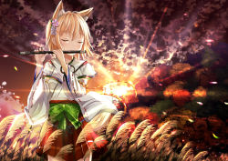  1girl animal_ears blonde_hair detached_sleeves closed_eyes flute fox_ears fox_tail instrument japanese_clothes miko morerin original playing_instrument short_hair solo tail  rating:Sensitive score:10 user:danbooru