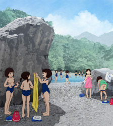3boys 6+girls ass breasts changing flat_chest from_behind kiyo_(kyokyo1220) loli multiple_boys multiple_girls nipples outdoors panties panty_pull river rock small_breasts swimsuit topless underwear undressing water rating:Questionable score:112 user:pantsu_patrol