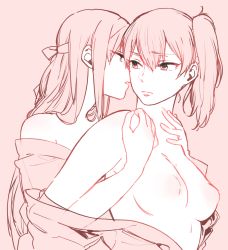 10s 2girls bad_id bad_pixiv_id breasts collarbone expressionless headband highres hug hug_from_behind ikarin inverted_nipples kaga_(kancolle) kantai_collection looking_back multiple_girls nipples open_clothes pink_background short_hair shoukaku_(kancolle) side_ponytail simple_background topless undressing yuri rating:Questionable score:50 user:danbooru