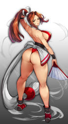 1girl ass bare_shoulders breasts brown_hair closed_mouth commentary_request fatal_fury from_behind full_body gradient_background gurimjang hand_fan highres holding huge_ass large_breasts lips lipstick long_hair looking_at_viewer looking_back makeup parted_bangs ponytail revealing_clothes shiranui_mai sideboob simple_background snk solo standing the_king_of_fighters thick_thighs thighs thong wide_hips yellow_eyes rating:Sensitive score:98 user:danbooru