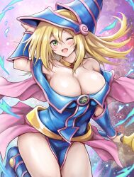  1girl adjusting_clothes adjusting_headwear blonde_hair blue_dress blue_footwear blue_hat blush_stickers bracer breasts dark_magician_girl dress duel_monster green_eyes hat highres holding holding_staff holding_wand large_breasts long_hair looking_at_viewer one_eye_closed open_mouth pink_hat r-binon smile solo staff thighs wand wizard_hat yu-gi-oh! yu-gi-oh!_duel_monsters  rating:Sensitive score:31 user:danbooru