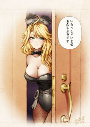  1girl ahoge animal_ears black_bow black_bowtie black_leotard blonde_hair bow bowtie breasts brown_pantyhose cleavage commentary_request cowboy_shot detached_collar door fake_animal_ears fishnet_pantyhose fishnets green_eyes highres large_breasts leotard long_hair looking_at_viewer maguta original pantyhose playboy_bunny rabbit_ears solo translation_request wrist_cuffs 
