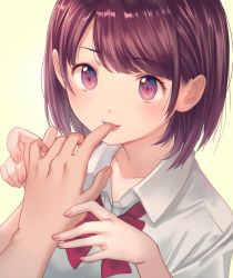 1girl :d blush bow bowtie brown_hair collared_shirt dark_skin eyebrows finger_in_another&#039;s_mouth finger_sucking fingernails licking licking_finger nail_polish nishizawa open_mouth original pink_nails red_bow red_bowtie red_eyes shirt short_hair simple_background smile solo_focus tareme upper_body white_shirt wing_collar yellow_background rating:Sensitive score:10 user:danbooru