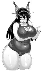 10s 1girl angry bad_id bad_pixiv_id bare_shoulders belly blush breast_hold breasts cameltoe covered_navel curvy greyscale headgear highres huge_breasts kantai_collection long_hair looking_at_viewer monochrome nagato_(kancolle) plump shiny_skin simple_background solo stomach sweat swimsuit synecdoche thick_thighs thighs wet white_background wide_hips rating:Questionable score:57 user:danbooru