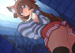  1girl absurdres animal_ear_fluff animal_ears ass bare_shoulders black_thighhighs blue_eyes blush breast_press breasts brown_hair building commission dutch_angle embarrassed giant giantess highres huge_breasts long_hair miniskirt off-shoulder_shirt off_shoulder original panties red_skirt reflection shiageha023 shirt skeb_commission skindentation skirt solo striped_clothes striped_shirt sweat tail thighhighs thighs underwear wolf_ears wolf_girl wolf_tail  rating:Sensitive score:59 user:danbooru
