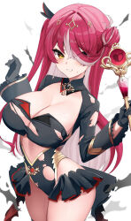  1girl black_gloves black_skirt black_tube_top breasts cleavage colored_inner_hair gloves hair_bun hair_over_one_eye heterochromia highres holding holding_wand hololive houshou_marine large_breasts long_hair looking_at_viewer mahou_shoujo_holowitch! multicolored_hair navel oritonagi pink_hair red_eyes red_hair skirt smile solo strapless streaked_hair torn_clothes torn_skirt tube_top virtual_youtuber wand yellow_eyes 