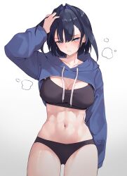  1girl abs absurdres arm_at_side black_panties black_sports_bra blue_eyes blue_hair blue_hoodie blush breasts cleavage commentary cowboy_shot cropped_hoodie drawstring edie_crop_hoodie english_commentary gluteal_fold hair_between_eyes hair_intakes half-closed_eyes hand_on_own_head highres hololive hololive_english hood hoodie large_breasts long_sleeves looking_at_viewer meme_attire namiorii navel ouro_kronii panties parted_lips puffy_long_sleeves puffy_sleeves short_hair simple_background sleeves_past_fingers sleeves_past_wrists solo sports_bra standing stomach sweat teeth toned underwear virtual_youtuber white_background 