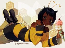  1girl :d antennae arthropod_girl artist_name bee_girl bee_wings black_eyes black_footwear black_hair black_tank_top cherry commentary dark-skinned_female dark_skin food fruit hand_on_own_cheek hand_on_own_face highres honeycomb_(pattern) honeycomb_background ice_cream insect_girl long_shirt looking_at_viewer lying mysims numbers_(pigpenandpaper) off-shoulder_shirt off_shoulder open_mouth pantyhose roxie_road shirt short_hair signature smile striped_clothes striped_shirt symbol-only_commentary tail tank_top tongue tongue_out white_background  rating:General score:7 user:danbooru