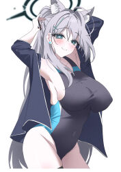  1girl absurdres animal_ear_fluff animal_ears armpits black_jacket black_one-piece_swimsuit blue_archive blue_eyes blush breasts closed_mouth completely_nude covered_navel cowboy_shot cross_hair_ornament dark_halo extra_ears grey_hair hair_ornament halo highres jacket large_breasts long_hair long_sleeves mismatched_pupils nano_(blueoekaki) nude one-piece_swimsuit open_clothes open_jacket shiroko_(blue_archive) shiroko_terror_(blue_archive) simple_background smile solo swimsuit white_background wolf_ears 