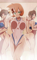 3girls :d against_glass ass bikini bikini_top_only bottomless breast_press breasts breasts_on_glass brown_eyes brown_hair covered_navel creatures_(company) game_freak green_eyes gym_leader highres large_breasts looking_at_viewer misty_(pokemon) multiple_girls nintendo npc_trainer one-piece_swimsuit open_mouth orange_hair pokemon pokemon_hgss ponytail shiny_skin short_hair shower smile swimmer_(pokemon) swimsuit thigh_gap vivivoovoo wet writing rating:Questionable score:141 user:Smack