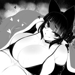  1girl animal_ears bikini blunt_bangs bow braid breasts cat_ears cat_girl cat_tail choker cleavage closed_mouth commentary_request curvy elbow_gloves extra_ears gloves greyscale hair_bow haseru_(ginku_mh) heart heart-shaped_pupils huge_breasts kaenbyou_rin monochrome pointy_ears sidelocks swimsuit symbol-shaped_pupils tail touhou under_covers 