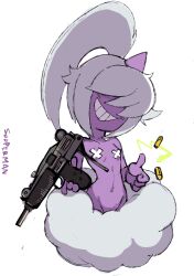  artist_name breasts bullet cloud colored_skin cross_pasties dazzi full_body grin gun hair_over_eyes head_tilt highres holding holding_gun holding_weapon medium_hair navel pal_(creature) palworld pasties purple_skin simple_background small_breasts smile sooperman teeth weapon white_background white_hair 