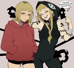  2girls absurdres black_jumpsuit black_nails blonde_hair braid chainsaw_man crossover english_text grey_background hands_in_pockets highres hood hooded_jumpsuit hoodie jumpsuit long_hair medium_hair medusa_gorgon multicolored_hair multiple_girls nail_polish open_mouth porqueloin red_eyes red_hoodie roots_(hair) sawatari_akane_(chainsaw_man) sharp_teeth shorts simple_background sleeveless_jumpsuit smile snake soul_eater sweat tail teeth trait_connection yellow_eyes  rating:Sensitive score:77 user:danbooru