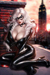  1girl artist_name ayya_sap black_cat_(marvel) black_choker blue_eyes bodysuit breasts choker cleavage domino_mask felicia_hardy high_heels large_breasts latex latex_bodysuit long_hair looking_at_viewer marvel mask on_rooftop outdoors paid_reward_available patreon_username presenting red_lips revealing_clothes rooftop sitting smile smirk solo spider-man_(series) teasing undressing watermark white_hair 