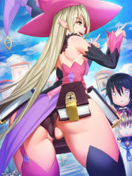 &gt;:&lt; 2girls :&lt; ass asymmetrical_sleeves bare_back bare_shoulders black_hair blonde_hair book breast_rest breasts breasts_on_head cleft_of_venus closed_mouth detached_sleeves garter_straps hair_between_eyes hat highres laphicet_(tales) long_hair magilou_(tales) mismatched_sleeves multiple_girls no_nose o_o partially_visible_vulva pointing pointy_ears profile sideboob small_breasts speh tales_of_(series) tales_of_berseria thighs triangle_mouth uncensored underboob v-shaped_eyebrows velvet_crowe very_long_hair wedgie witch_hat rating:Explicit score:239 user:danbooru