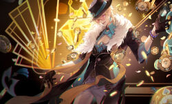  1boy aventurine_(honkai:_star_rail) between_fingers black_coat black_collar black_gloves black_hat blonde_hair blue_shirt bracelet cleavage_cutout clothing_cutout coat collar collared_shirt cowboy_shot dice earrings from_side fur-trimmed_coat fur_trim gloves hat highres holding honkai:_star_rail honkai_(series) jewelry looking_at_viewer male_focus neck_tattoo open_clothes open_coat open_mouth pants pink_eyes poker_chip polyhedral_dice ring sayahime second-party_source shirt short_hair smile solo spade_cutout sparkle standing sunglasses tattoo top_hat white_pants 