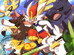  black_sclera blue_background boltund bright_pupils buck_teeth cinderace colored_sclera corviknight creatures_(company) food galarian_farfetch&#039;d game_freak gen_8_pokemon holding holding_food holding_vegetable legendary_pokemon looking_ahead mouth_hold nintendo no_humans one_eye_closed open_mouth outdoors pokemon pokemon_(creature) pokemon_swsh red_eyes shuri_(syurigame) sirfetch&#039;d teeth thick_eyebrows tongue tongue_out v-shaped_eyebrows vegetable white_pupils zacian 