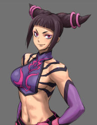 1girl abs artist_request bare_shoulders black_hair bracelet breasts capcom detached_sleeves drill_hair evil_smile fingerless_gloves gloves grey_background halterneck halterneck han_juri jewelry large_breasts looking_at_viewer midriff muscular muscular_female navel pink_eyes poncho_(seiga) sideboob simple_background smile solo spiked_bracelet spikes street_fighter street_fighter_iv_(series) toned twin_drills rating:Sensitive score:23 user:danbooru