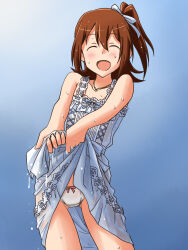  1girl :d blue_background blue_dress blue_ribbon bow bow_panties brown_hair closed_eyes clothes_lift commentary cowboy_shot crotch_seam dress dress_lift facing_viewer hair_ribbon highres idolmaster idolmaster_million_live! jewelry kasuga_mirai lielos lifted_by_self medium_hair necklace one_side_up open_mouth panties pure_onepiece_(idolmaster) ribbon see-through short_dress smile solo standing underwear wet wet_clothes wet_dress white_panties wringing_clothes 