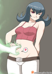 1girl arm_behind_back bare_shoulders breasts cleavage creatures_(company) crop_top denim game_freak glowing gym_leader heart midriff navel navel_fingering navel_insertion navellunatic nintendo npc_trainer pants pokemon pokemon_hgss red_eyes sabrina_(pokemon) simple_background solo spoken_heart sweatdrop white_background  rating:Questionable score:44 user:annonable