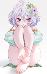  1girl antenna_hair ass bad_id bad_pixiv_id bare_legs barefoot detached_sleeves elf feet flower foot_focus full_body green_sleeves hair_between_eyes hair_flower hair_ornament highres hugging_own_legs kokkoro_(princess_connect!) legs_up open_mouth pointy_ears princess_connect! red_eyes see-through silver_hair simple_background sitting solo thighs tococop toe toe-point toes white_background white_flower 